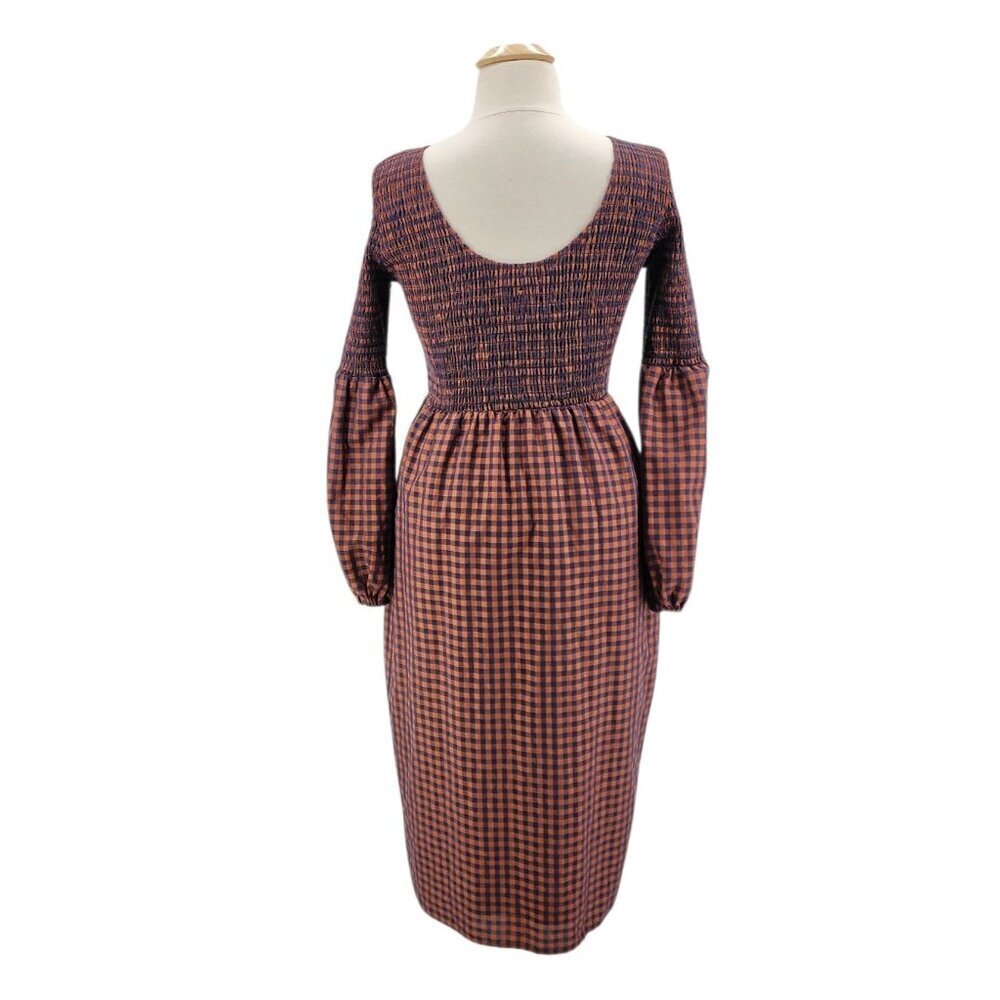 Pamela Love Womens Dress XL Midi Checker Brown Navy Blue Balloon Sleeve Boho - Picture 4 of 10